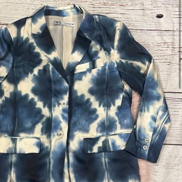 ZARA • Satin Effects Stylish Tie-Dye Blue & White Blazer Jacket - Picture 8 of 15